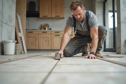 Carreleur professionnel posant du carrelage grand format en céramique dans une cuisine en rénovation, vue grand angle au ras du sol