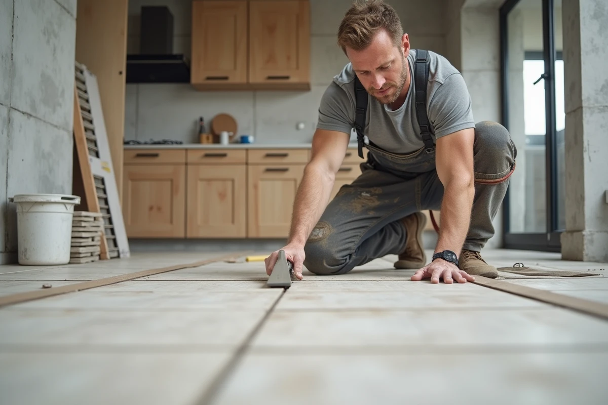 Carreleur professionnel posant du carrelage grand format en céramique dans une cuisine en rénovation, vue grand angle au ras du sol
