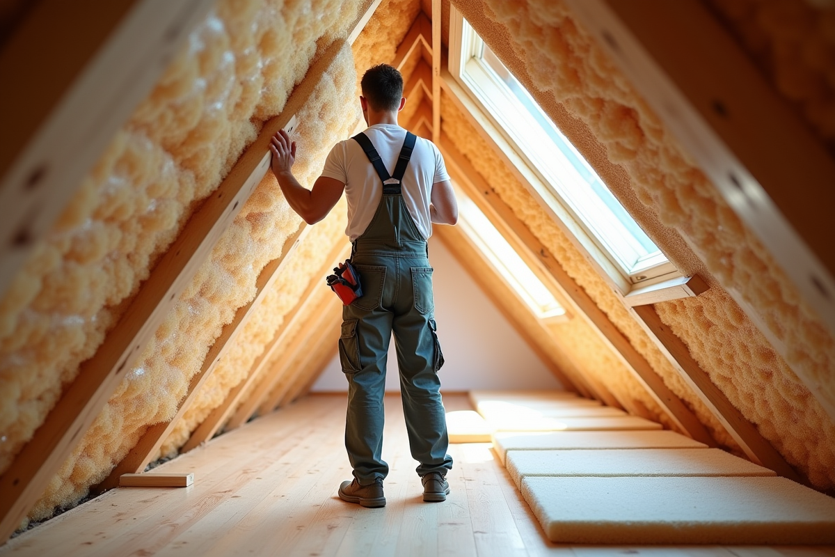 Professionnel installant panneaux d isolation dans un grenier moderne