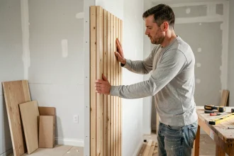 Pose d'un panneau latte bois sur mur en placo par un bricoleur dans un salon en cours de rénovation