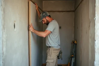 Pose de placo isolé sur un mur dans une petite pièce en rénovation pour gagner de la place