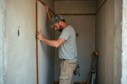 Pose de placo isolé sur un mur dans une petite pièce en rénovation pour gagner de la place
