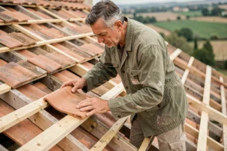 Couvreur posant une tuile canal en terre cuite sur les liteaux d'une charpente en bois, vue en plongée sur un toit en pente