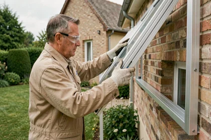 Artisan en train de poser une véranda en aluminium sur une maison individuelle en France