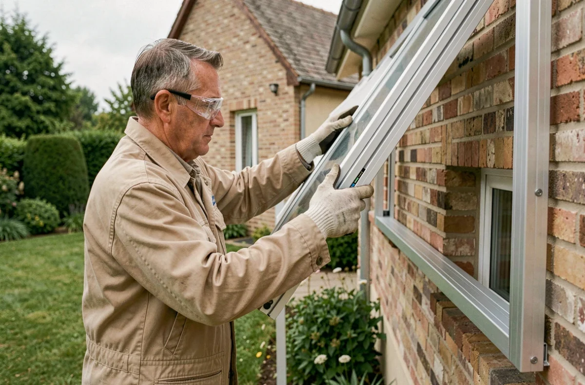 Artisan en train de poser une véranda en aluminium sur une maison individuelle en France