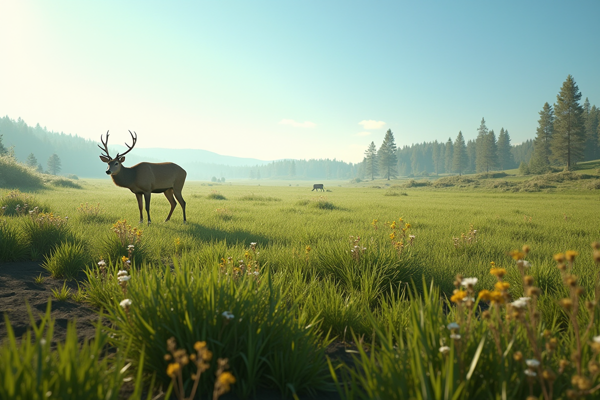 Prairie luxuriante apres un feu prescrit avec faune et fleurs