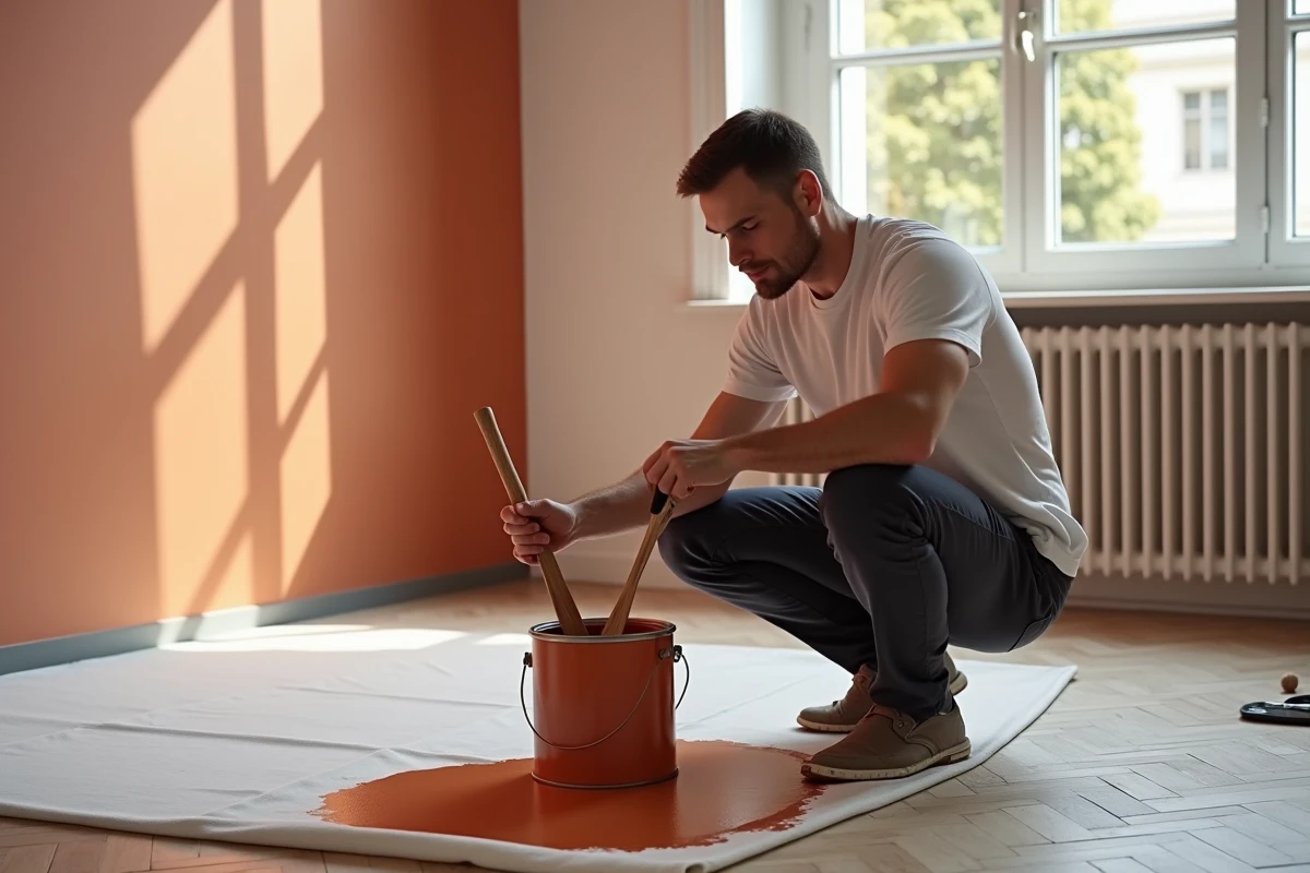 Homme mélangeant une peinture satinée luxe terracotta dans une boîte ouverte sur parquet en rénovation d'appartement haussmannien
