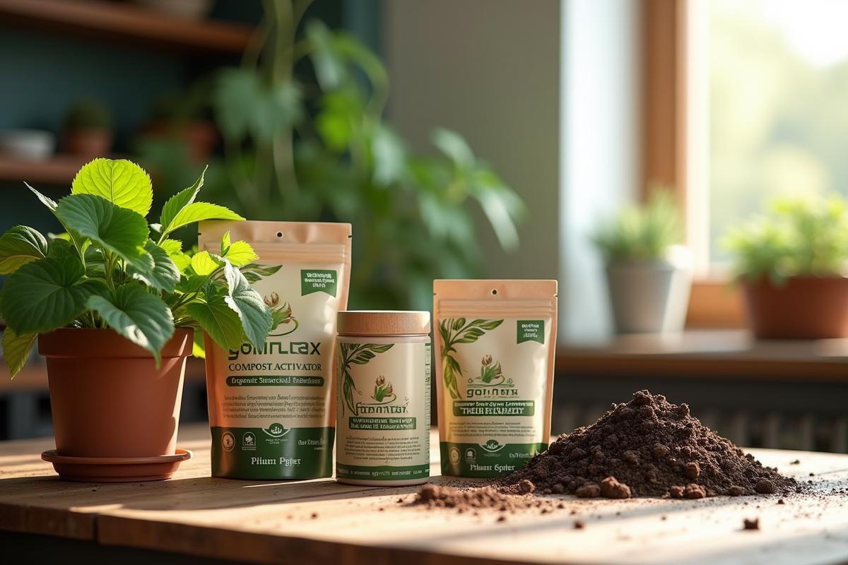 Sélection de produits activateurs de compost bio sur une table en bois