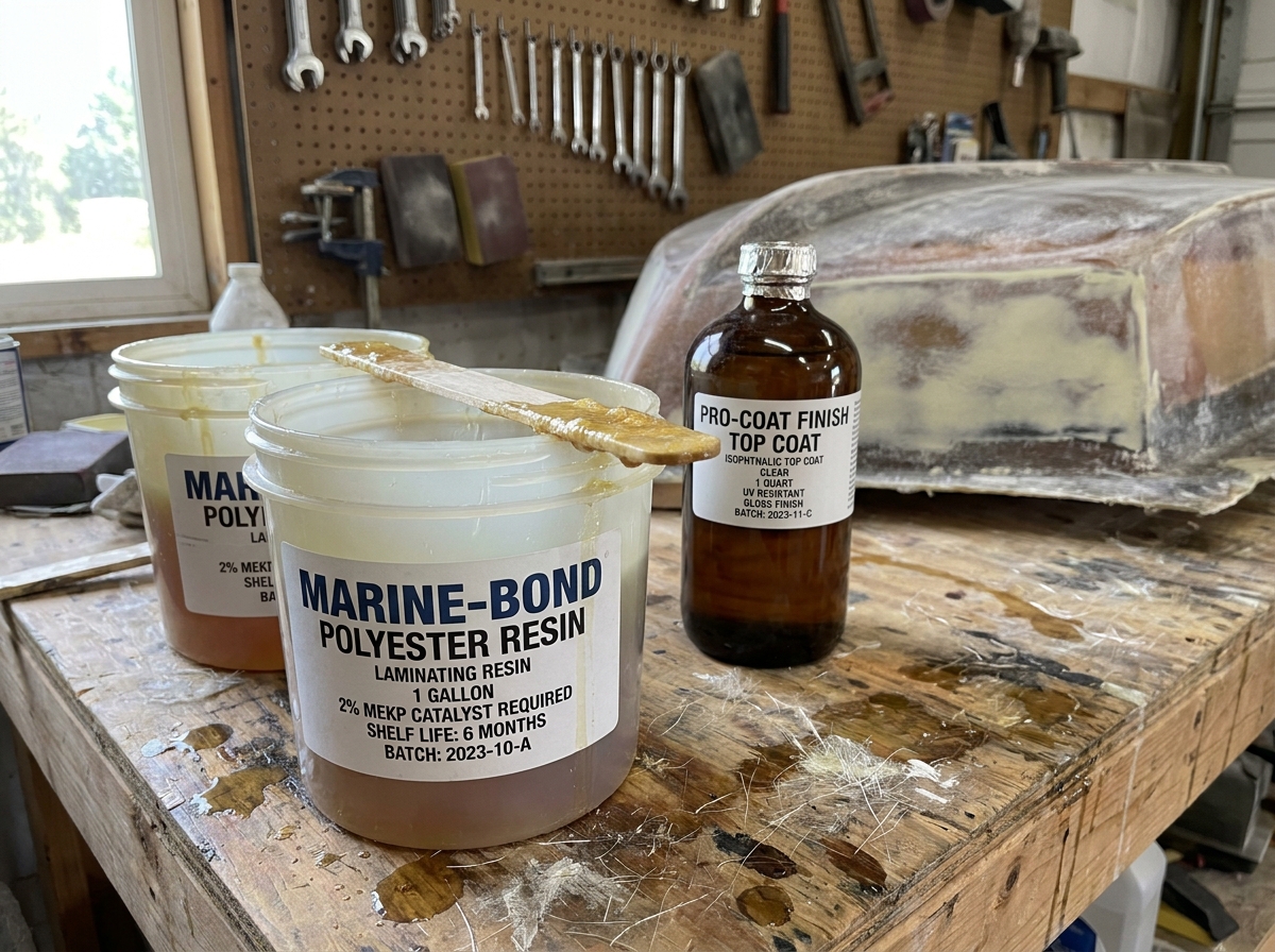 Contenants de gel coat et top coat polyester posés sur un établi d'atelier de réparation nautique avec outils en arrière-plan