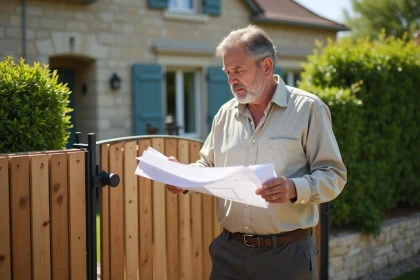 Propriétaire examinant des plans de travaux devant une clôture en bois et un portail en fer forgé dans un jardin résidentiel français