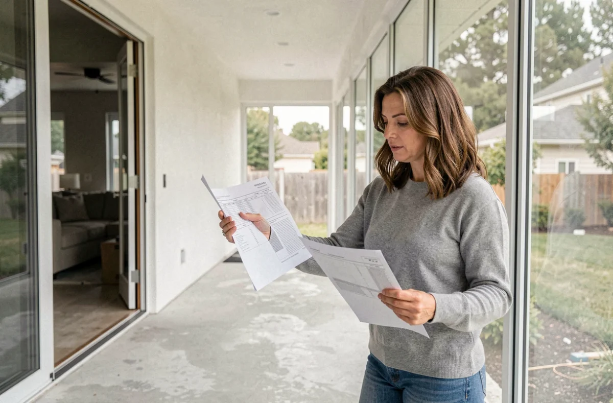 Propriétaire examinant les devis de pose d'une véranda récemment installée dans sa maison