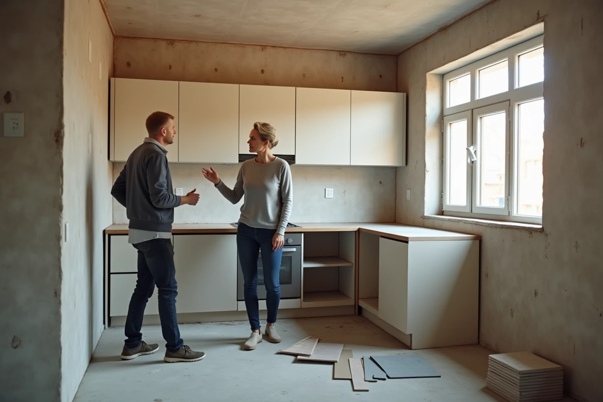 Propriétaire discutant de la rénovation de sa cuisine à Bernay avec un artisan dans le cadre d'un projet TOUSRENOV