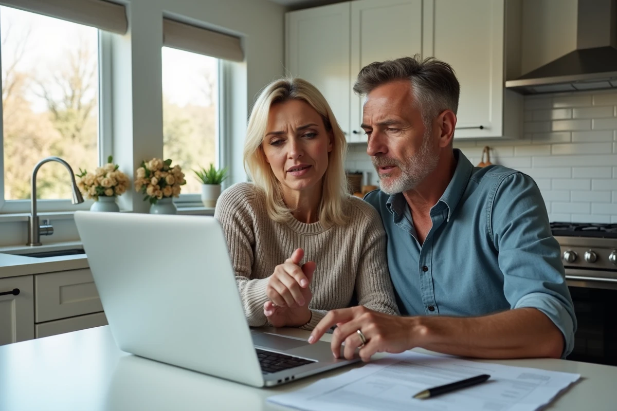 Couple de propriétaires analysant un devis de travaux en ligne sur ordinateur portable à la cuisine