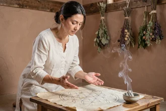 Femme purifiant un mandala Fleur de Vie sur parchemin avec de la fumée de sauge blanche dans un espace de méditation minimaliste
