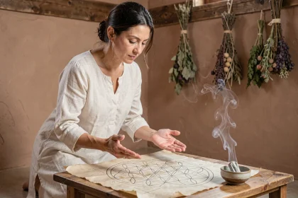 Femme purifiant un mandala Fleur de Vie sur parchemin avec de la fumée de sauge blanche dans un espace de méditation minimaliste