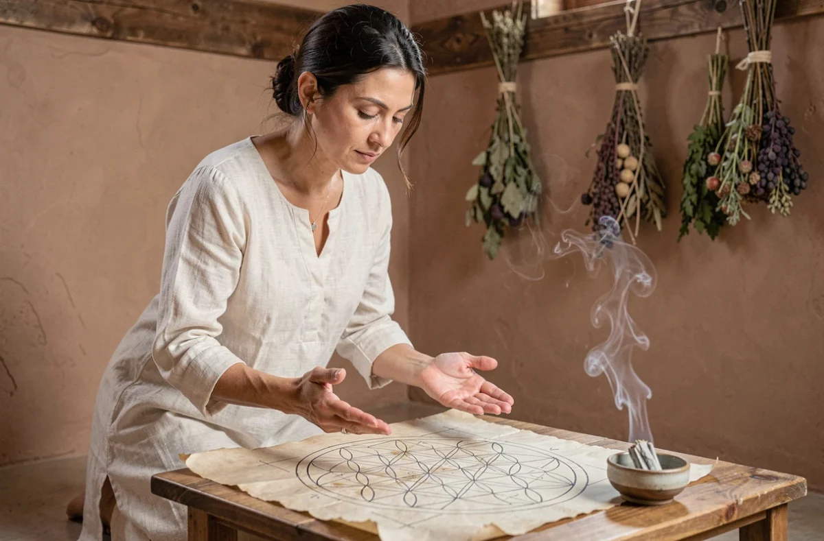 Femme purifiant un mandala Fleur de Vie sur parchemin avec de la fumée de sauge blanche dans un espace de méditation minimaliste