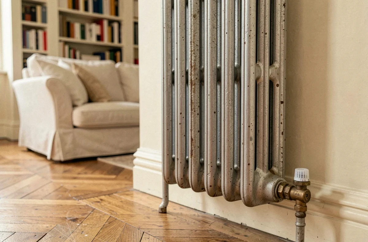 Radiateur en fonte avec vanne thermostatique dans un appartement rénové au parquet en bois