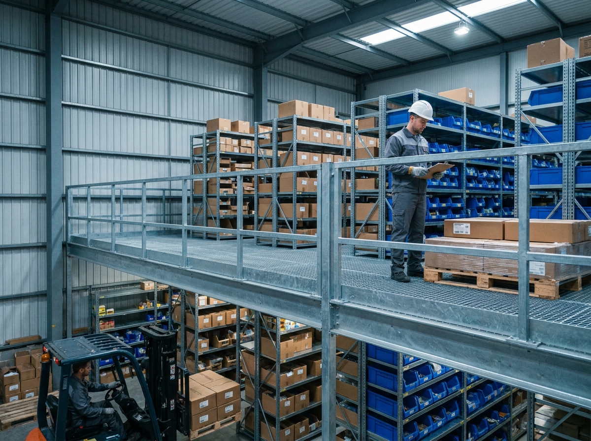 Rayonnage mezzanine industriel dans un entrepôt avec structure en acier galvanisé et employé inspectant le stockage