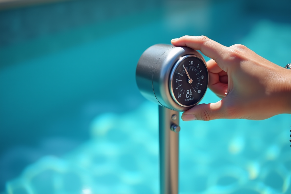Main ajustant la temperature du chauffage de la piscine