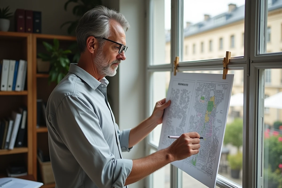 Fonctionnaire municipal en train d'analyser un plan de zonage urbain avec une terrasse rooftop visible par la fenêtre en arrière-plan