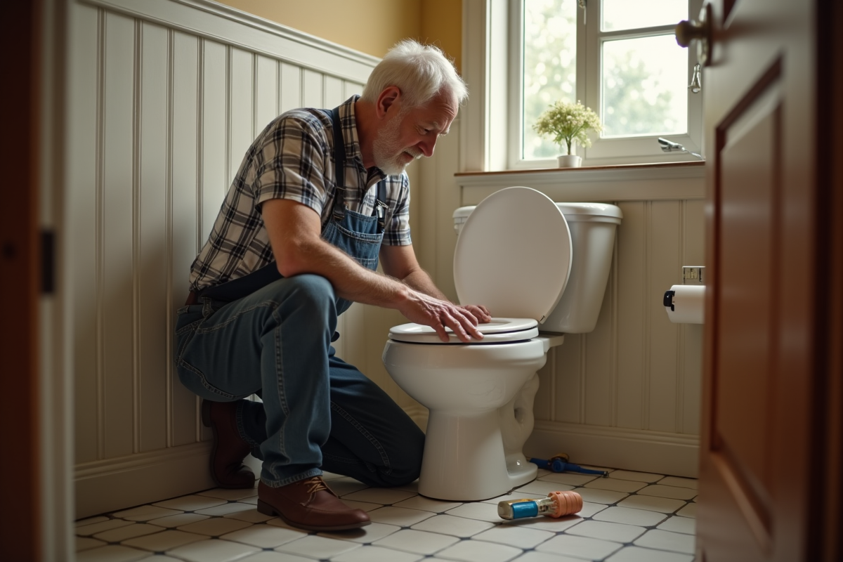 Aide un homme âgé changeant la lunette de toilette