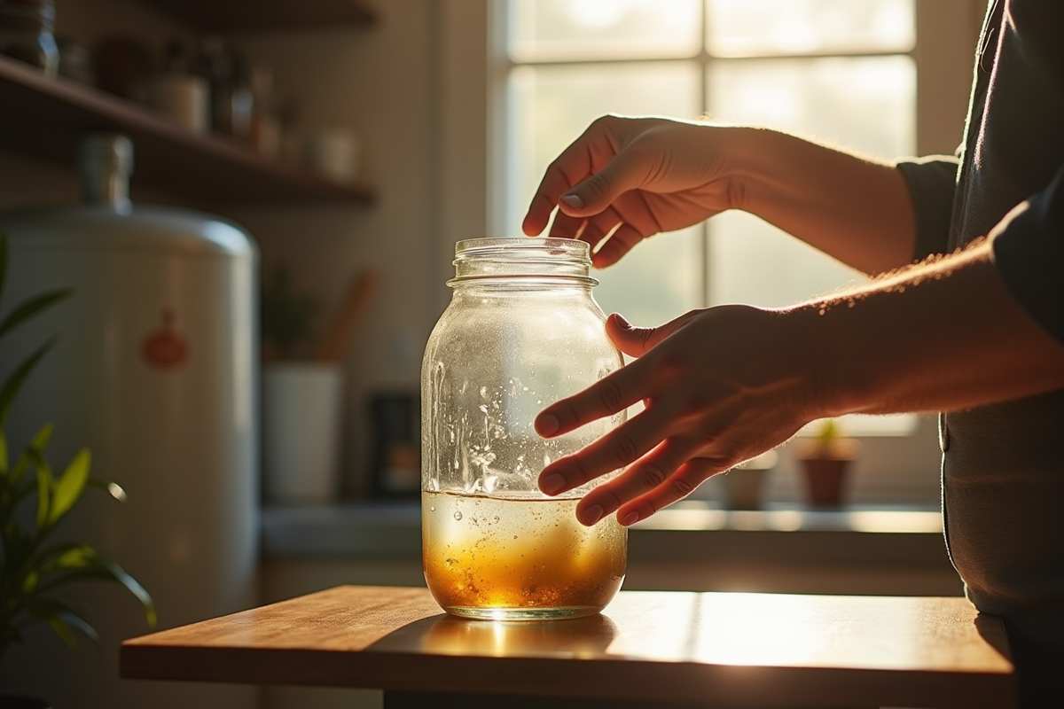 Mains remplissant un verre avec de leau de pluie