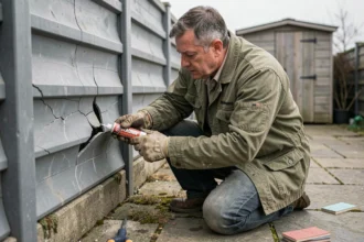 Homme réparant un panneau de clôture en plastique extérieur avec une colle résistante au gel, agenouillé sur une terrasse en pierre