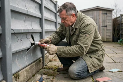 Homme réparant un panneau de clôture en plastique extérieur avec une colle résistante au gel, agenouillé sur une terrasse en pierre