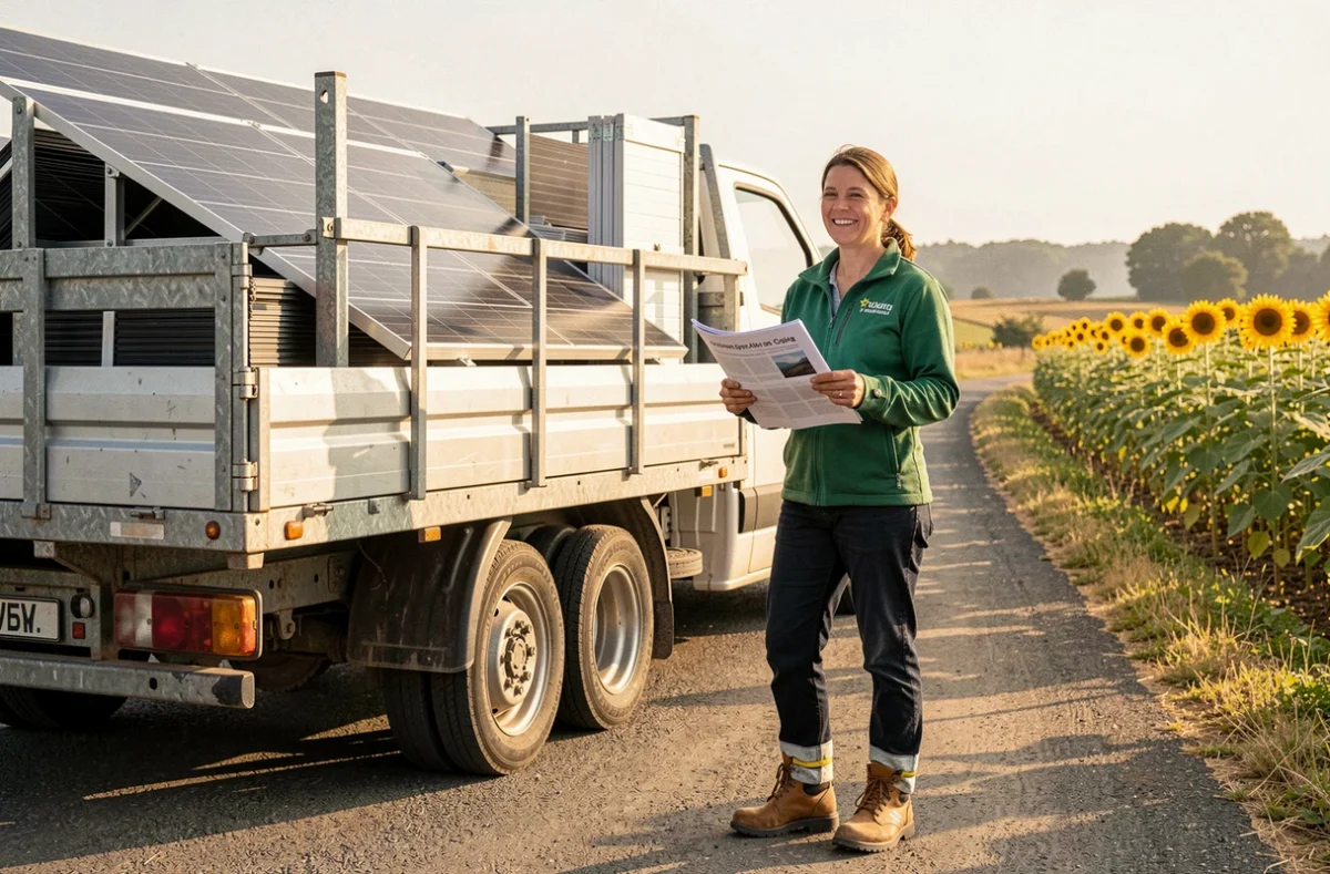 Conseillère du réseau Proéco Énergies avec un camion de matériel solaire sur une route rurale de Haute-Garonne entourée de champs de tournesols