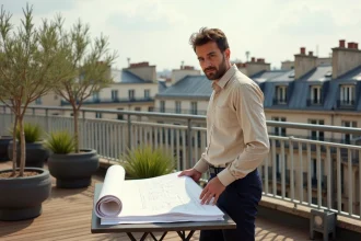 Urbaniste sur un rooftop parisien en train d'examiner des plans d'architecture avec les toits haussmanniens en arrière-plan