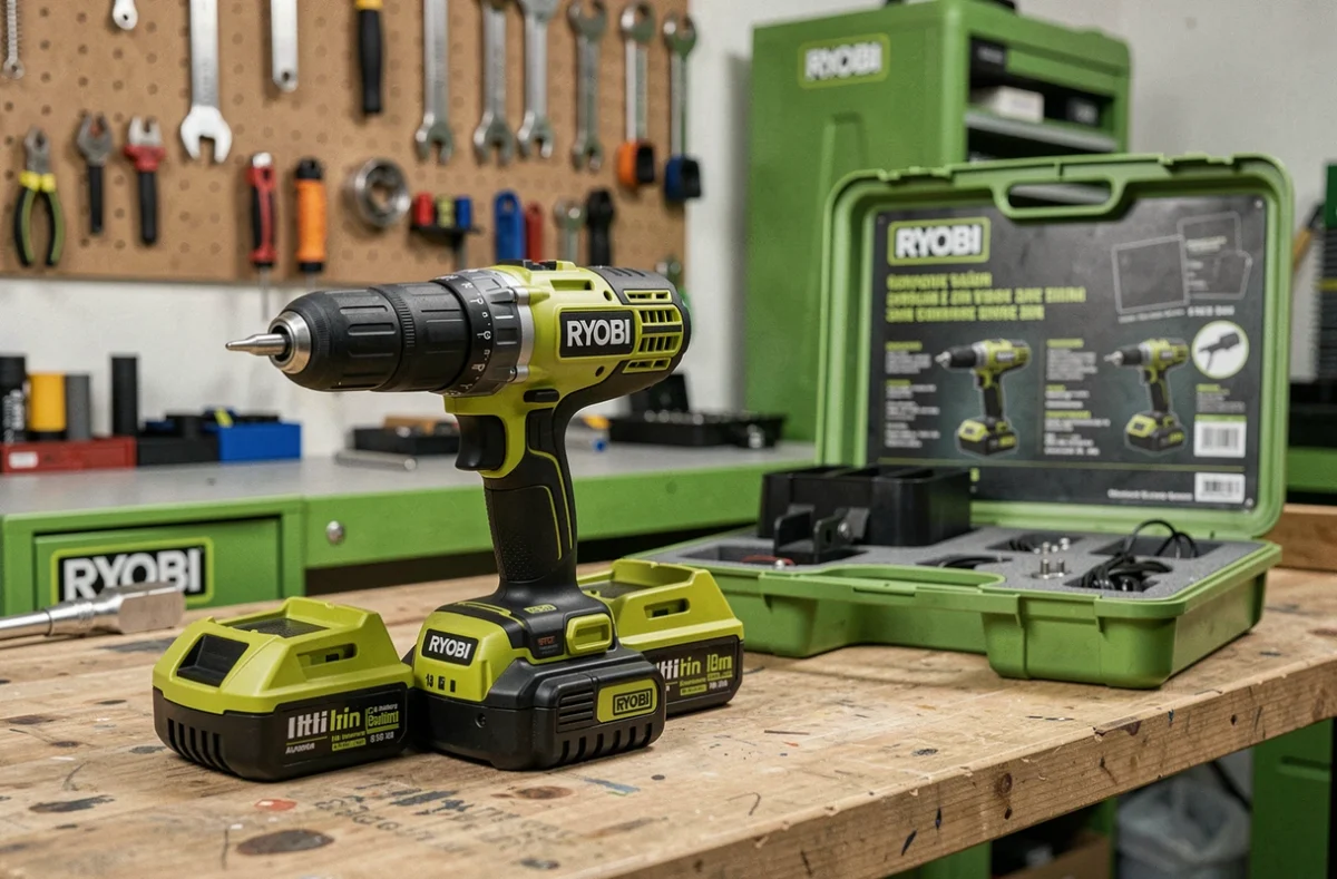 Visseuse RYOBI R18DD2-242S verte avec deux batteries lithium-ion et coffret kit ouvert sur un établi de garage