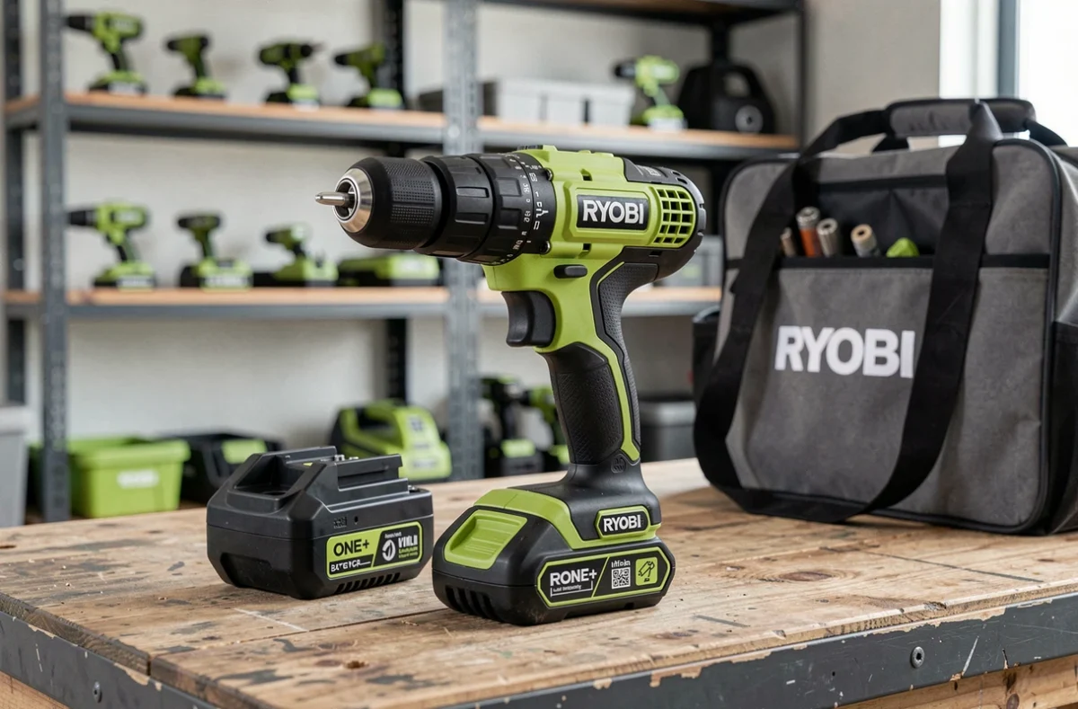 Visseuse RYOBI R18DD3-120S verte et noire avec batterie ONE+ posée sur établi dans un garage atelier