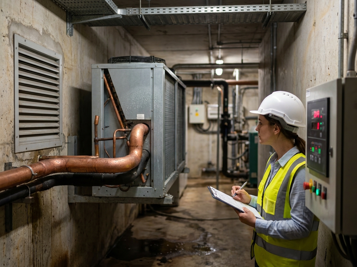 Ingénieure analysant les données d'un système de condensation par air dans une salle mécanique