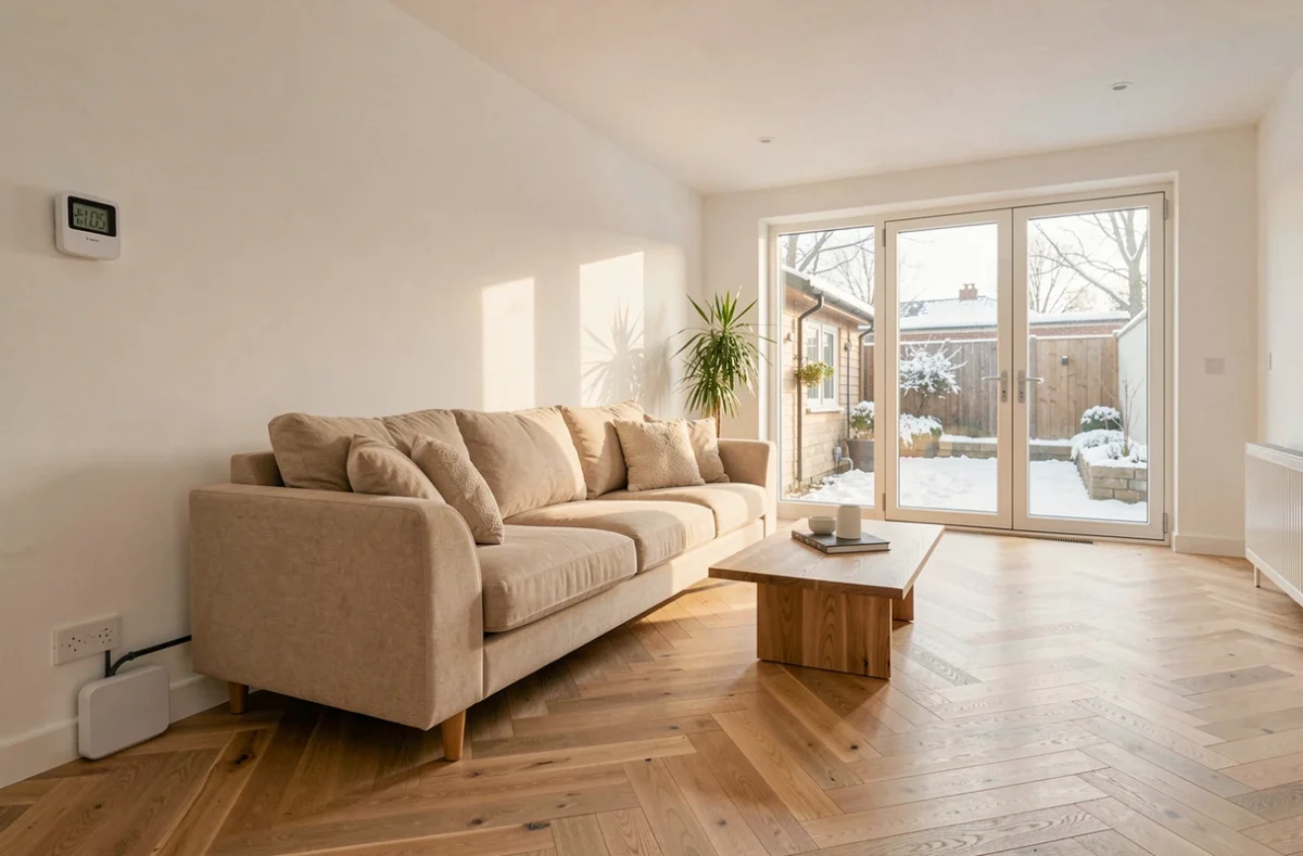 Salon moderne chauffé par pompe à chaleur avec thermostat mural et parquet en chêne
