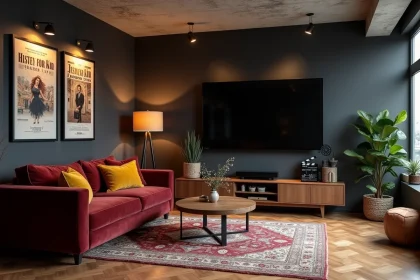 Salon décoré sur le thème du cinéma avec affiches de films vintage, canapé en velours bordeaux et grand écran mural dans un appartement moderne