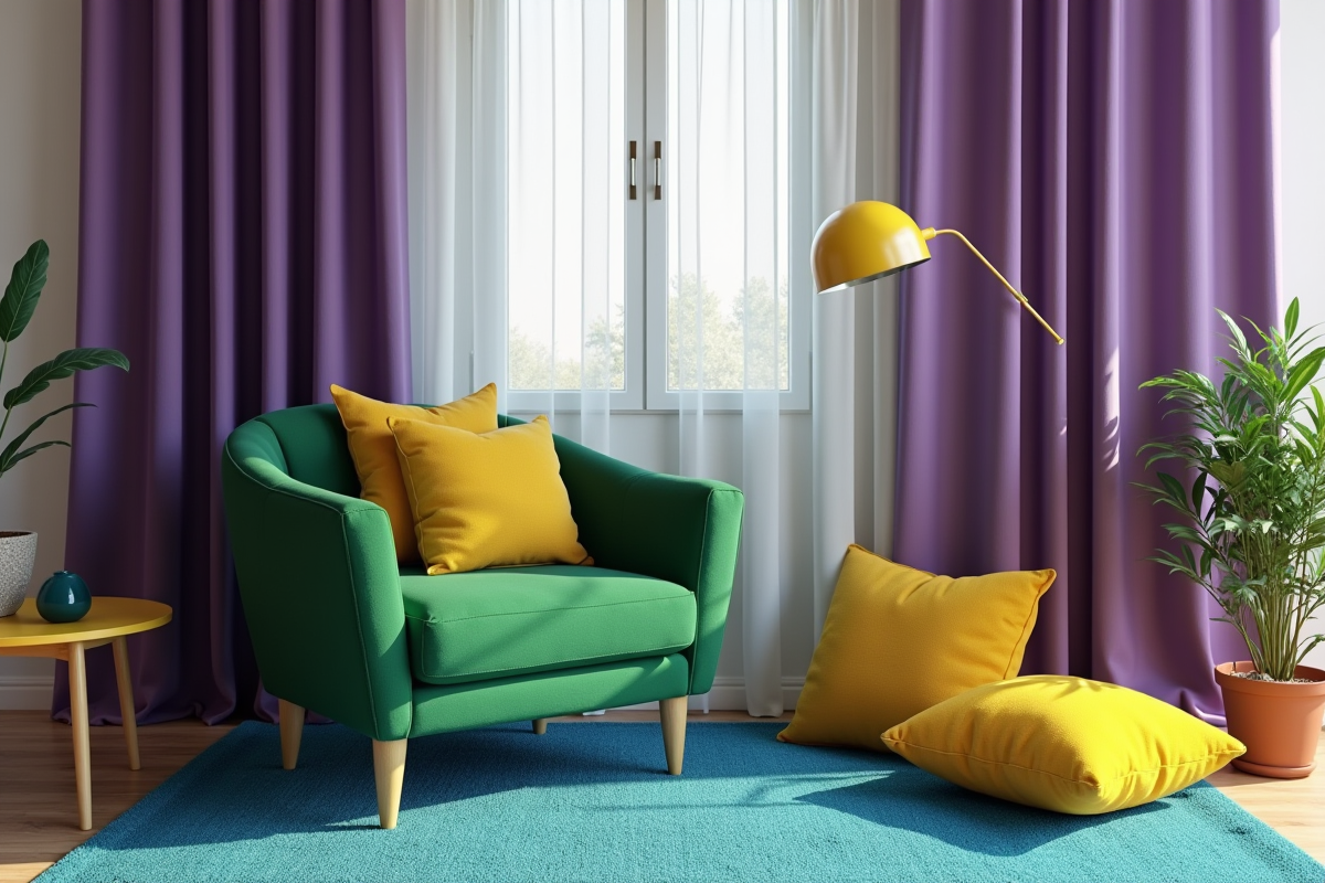 Salon avec fauteuil vert et decor aux couleurs discordantes