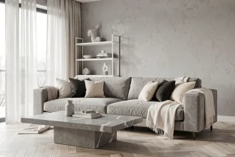 Salon contemporain gris et blanc avec canapé en velours, table basse en béton ciré et parquet chêne blanc en chevrons