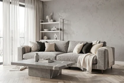 Salon contemporain gris et blanc avec canapé en velours, table basse en béton ciré et parquet chêne blanc en chevrons