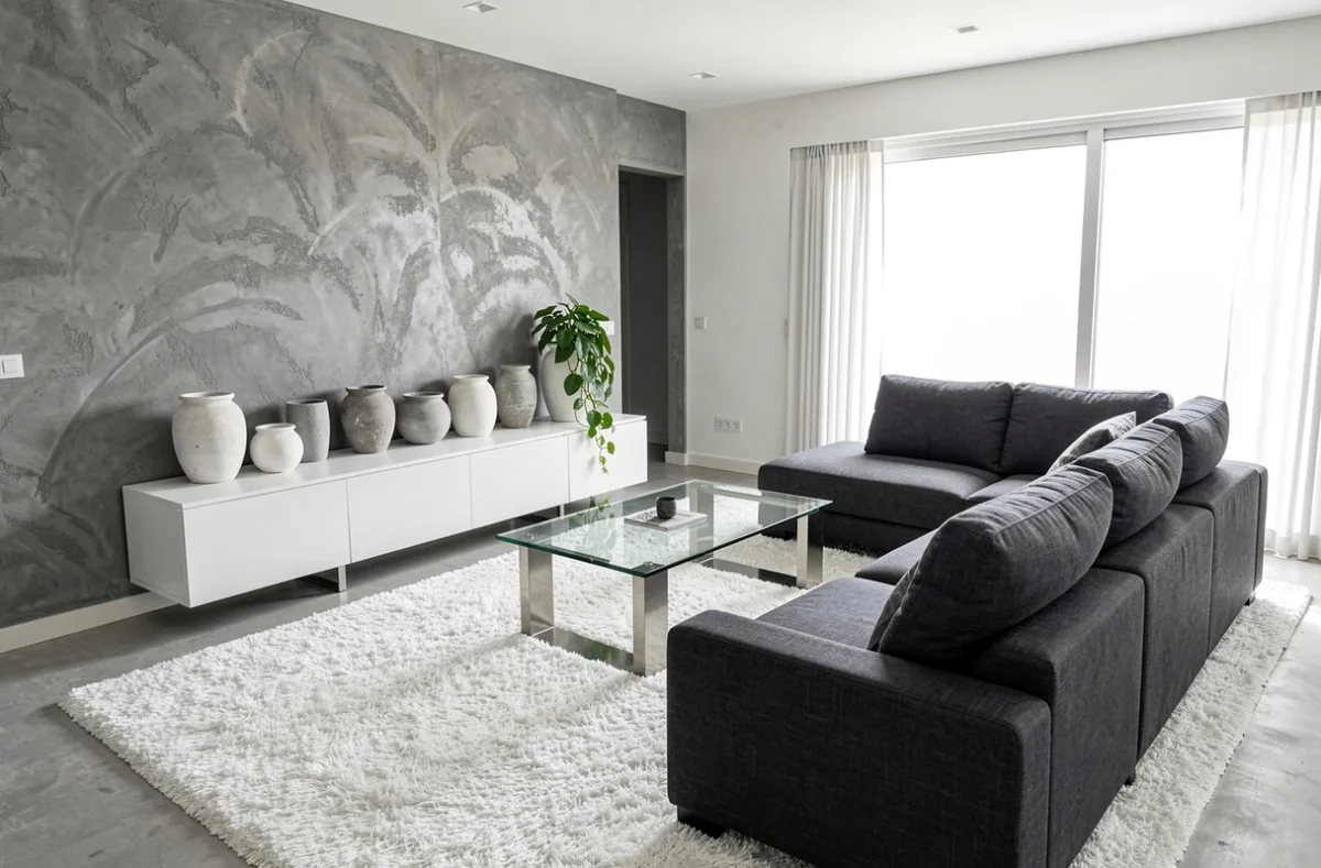 Salon ouvert moderne avec mur en micro-ciment gris, console laquée blanche et canapé modulable en lin anthracite