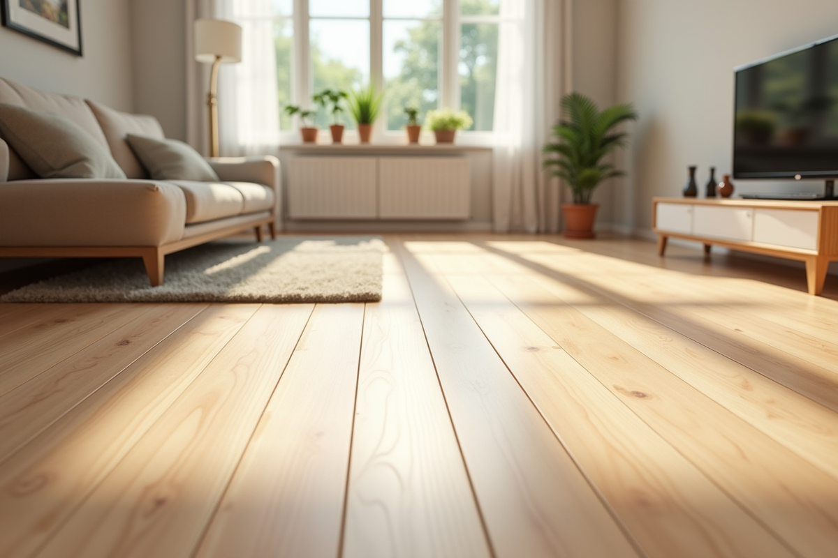 Salon lumineux avec parquet rénové et mobilier déplacé