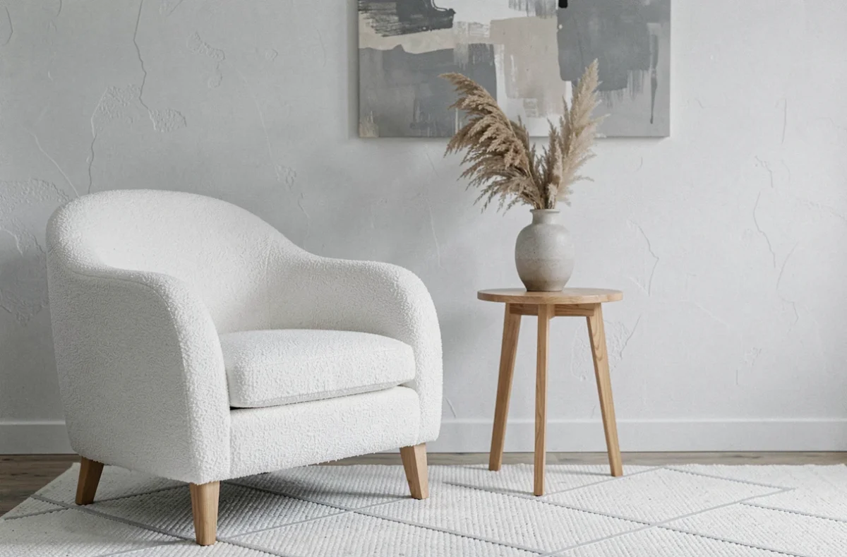 Coin salon scandinave avec fauteuil en bouclé blanc, table en chêne naturel et tapis en laine gris et blanc