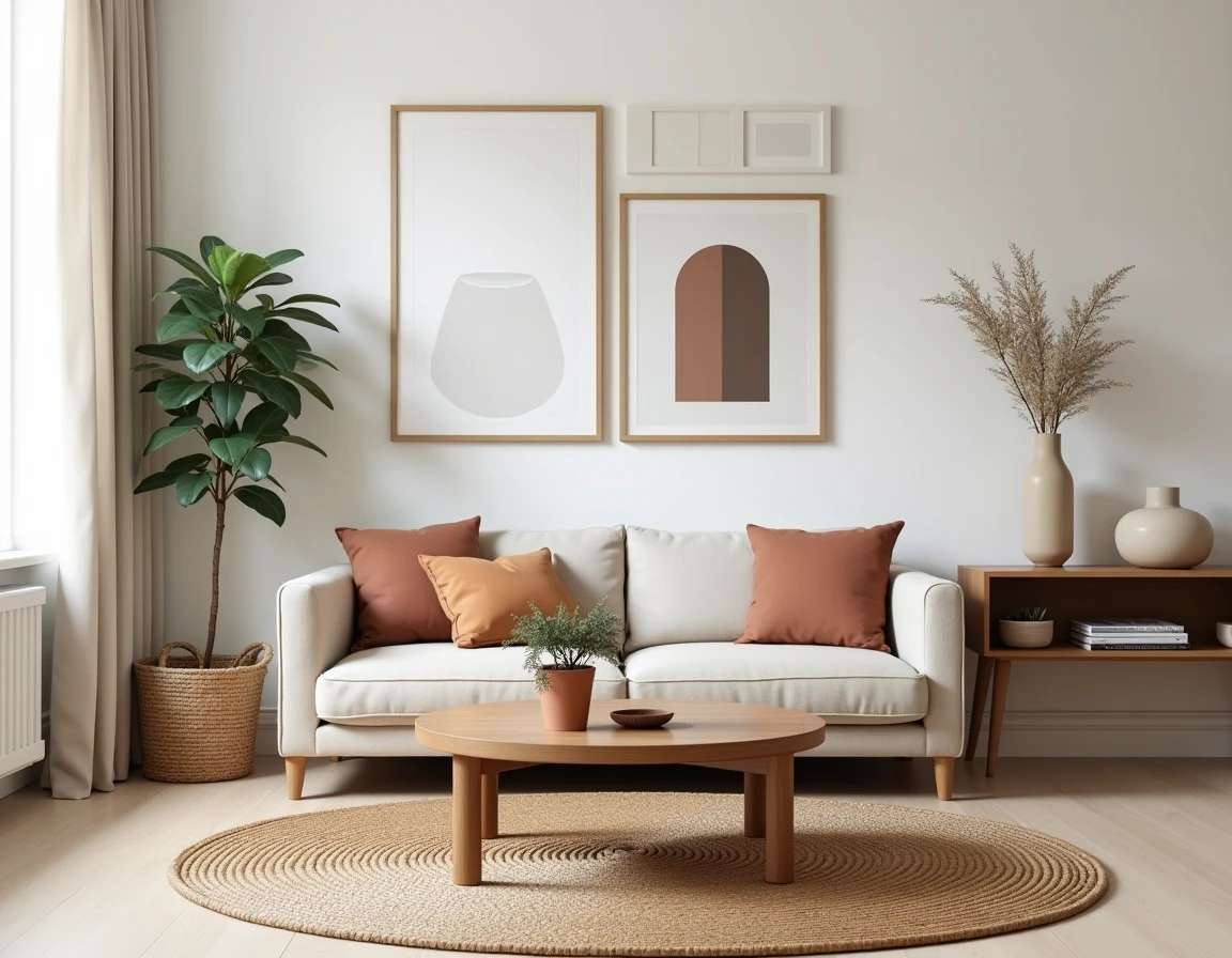 Salon décoré dans un style scandinave épuré avec canapé en lin, tapis en jute et mur de cadres décoratifs
