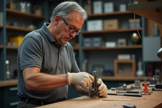 Serrurier middleaged montrant la pose d’un verrou multipoint