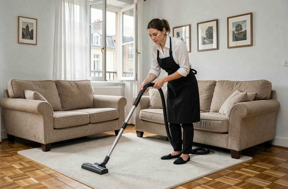 Professionnelle de ménage passant l'aspirateur dans un salon d'appartement à Argenteuil