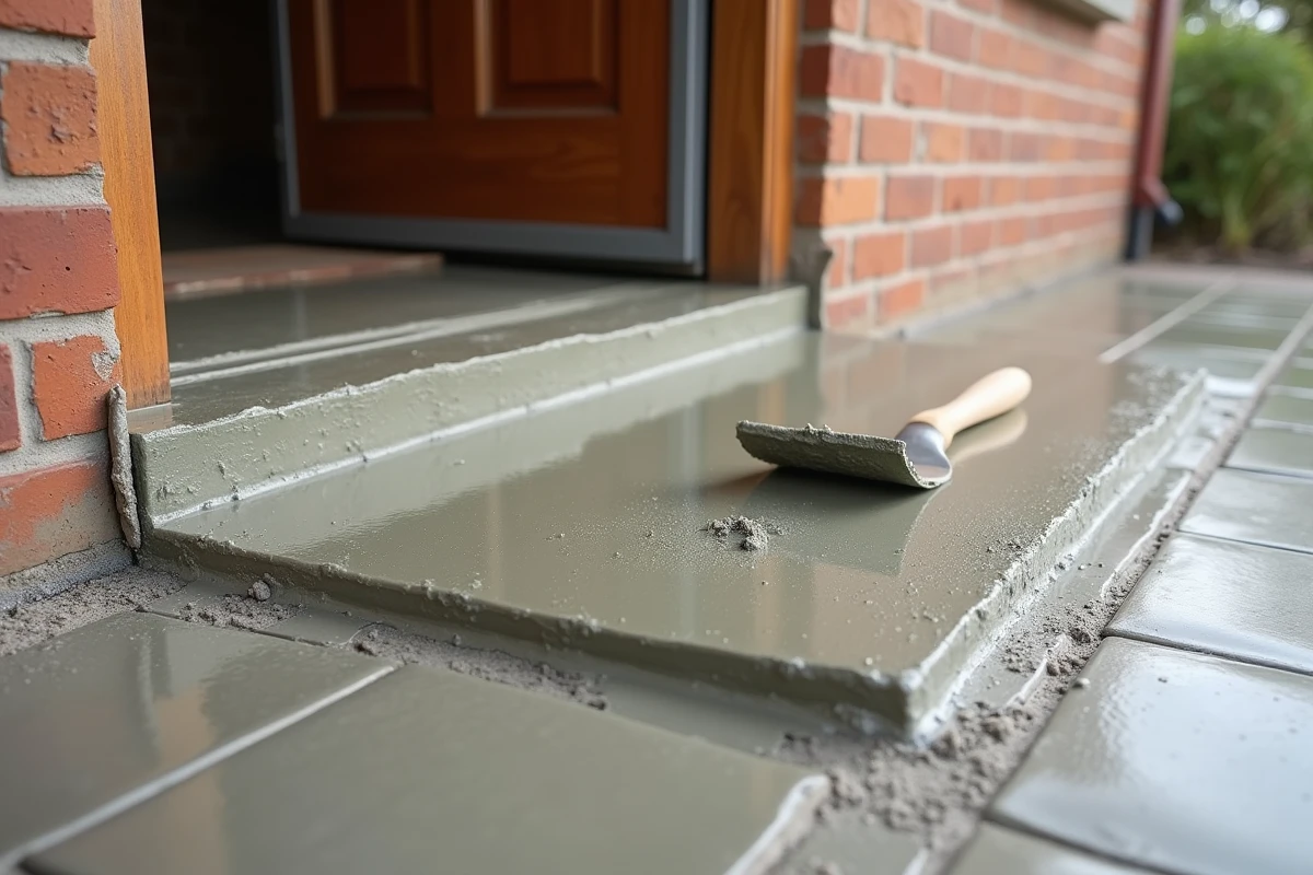 Seuil de porte en béton fraîchement coulé avec truelle posée sur la surface lissée en cours de finition