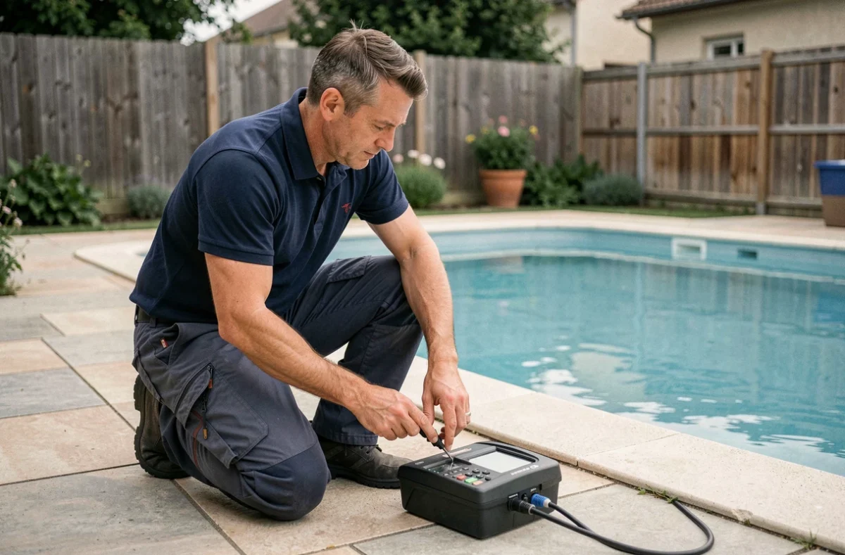 Technicien de Simply Piscine réalisant un test de qualité d'eau au bord d'une piscine résidentielle à La Chapelle-Saint-Luc