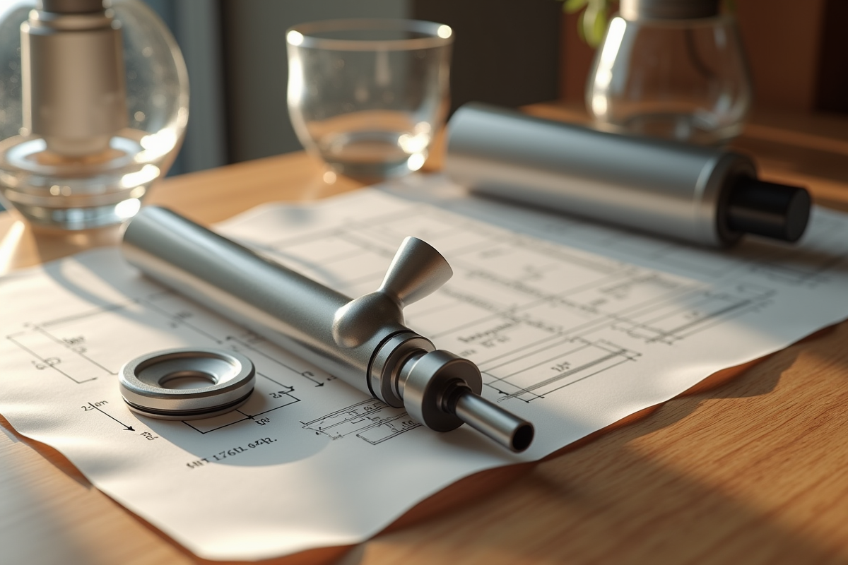 Siphon de cuisine disassemble avec mesures sur planche en bois