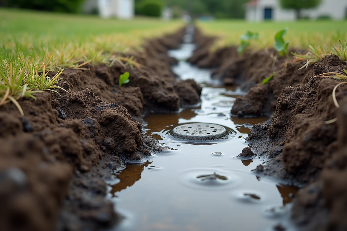 Sol saturé et eau stagnante autour d'un drain de fosse septique en zone résidentielle