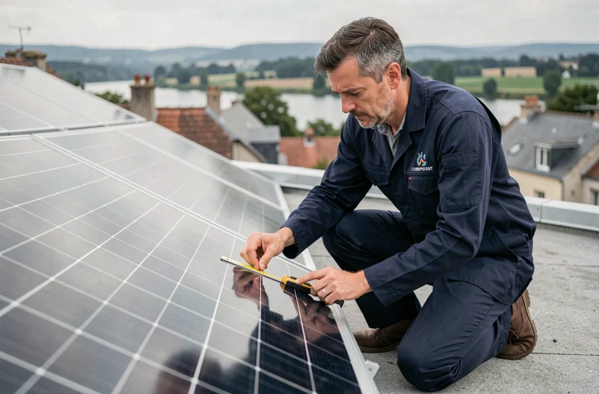 Ingénieur SolénSo Énergie vérifiant l'alignement de panneaux photovoltaïques nouvellement installés sur un toit en Haute-Garonne avec la vallée de la Garonne en arrière-plan