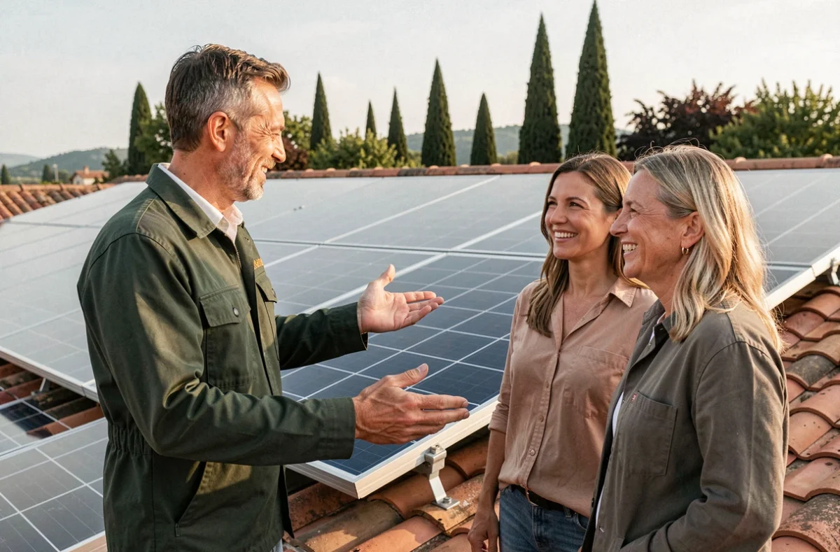 Spécialiste Solewa présentant une installation solaire terminée à un couple de propriétaires sur une terrasse en Haute-Garonne